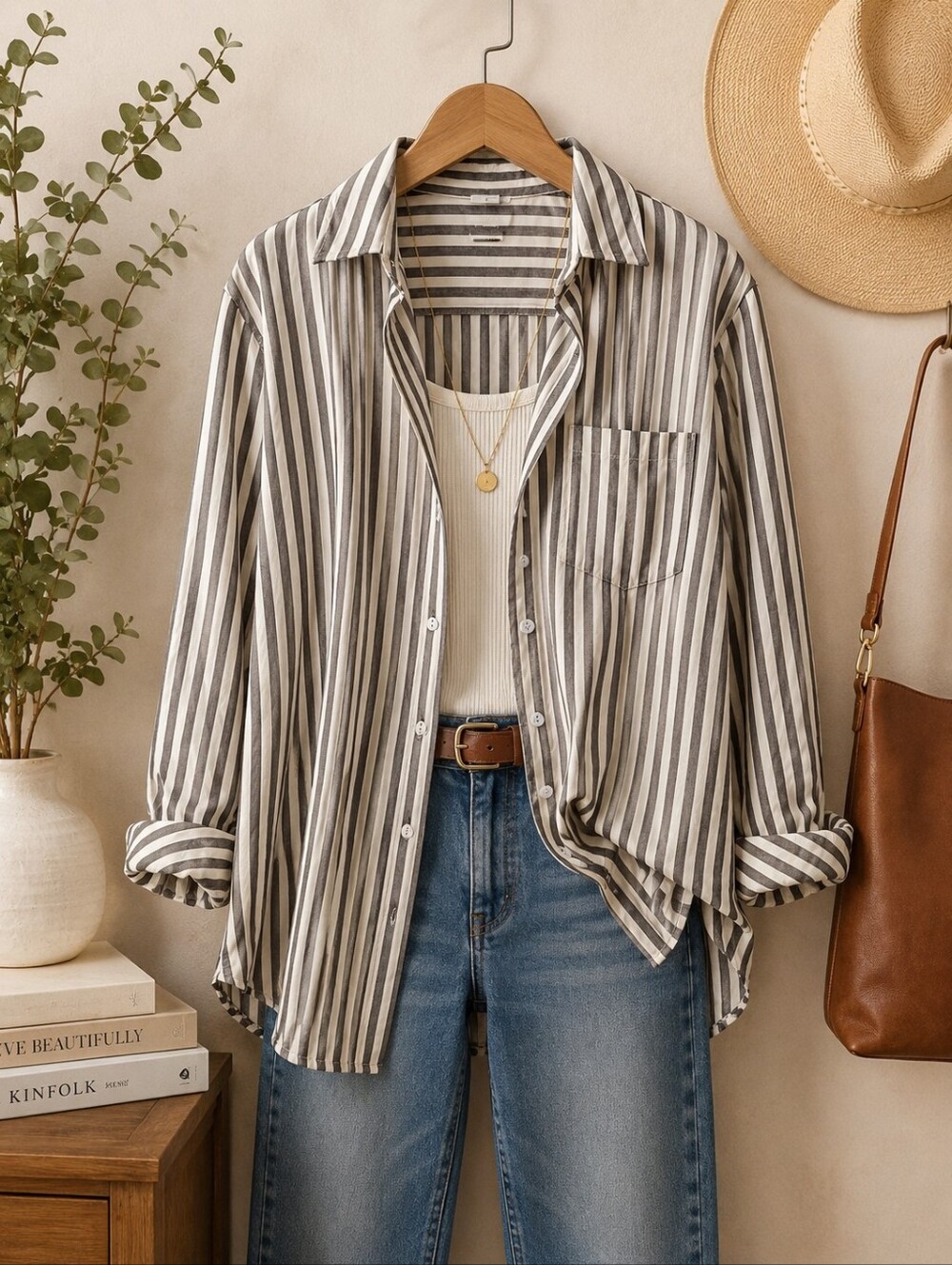 NWOT Womens Beige and Gray Vertical Stripe Button-Up Shirt